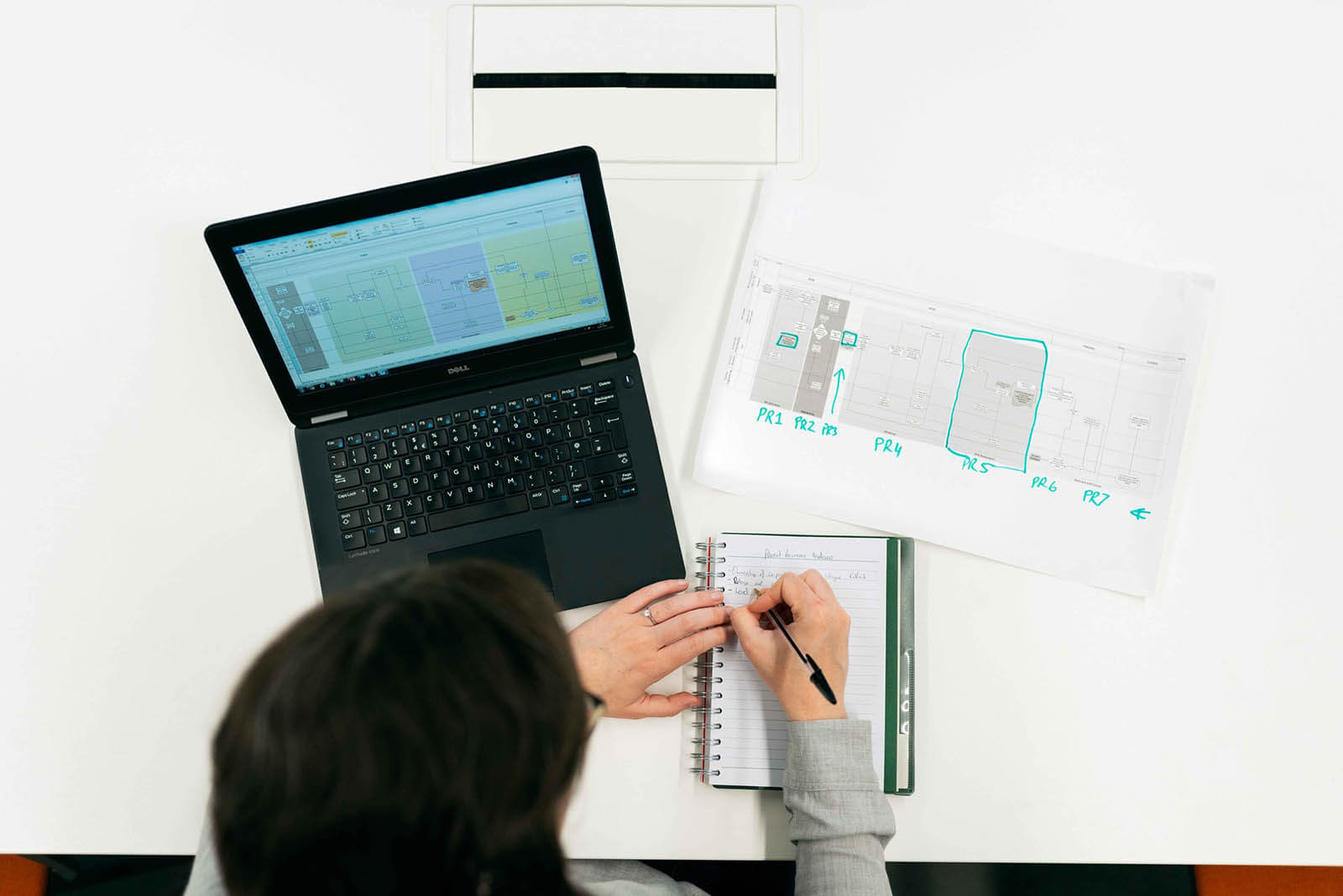 Overhead view of woman sitting at laptop writing on a pad.